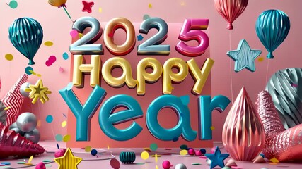Celebrate the arrival of 2025 with colorful decorations and festive elements in a joyful New Year celebration setup