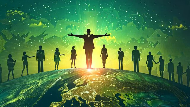 Global unity and connection among diverse people standing together on Earth&rsquo;s surface illuminated by shining light