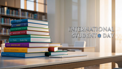 International Student Day concept with stacked books and study space on bright background
