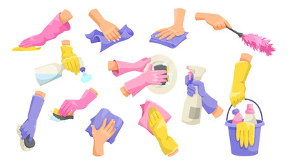 A collection of cleaning hands and tools in vibrant colors on a white background. Vector illustration