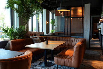 Fototapeta premium A cozy restaurant interior featuring elegant seating and lush plants in a chic urban setting during daylight hours. Generative AI