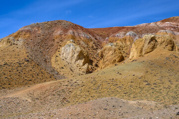 Mars. Multi-coloured rock formations. Tourist place, Mountain Altai.