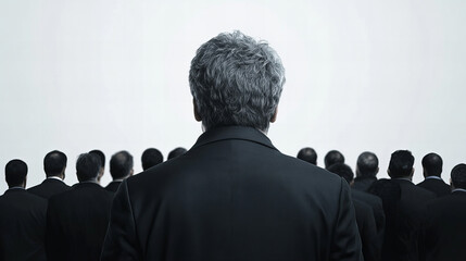 A solitary figure stands before a crowd of indistinguishable men in a minimalist setting, capturing a moment of contemplation