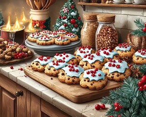 Fototapeta premium A cozy kitchen scene with freshly baked cookies topped with icing and berries, adorned with Christmas decorations