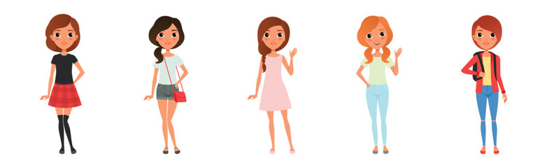 Young Woman Modern Student Character Standing in Casual Fashion Wear Vector Set