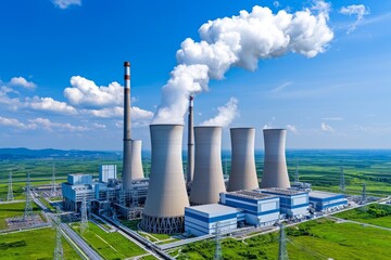 Obraz premium At dawn, steam and smoke rise from the smokestacks of the coal-fired Datong No. 2 Power Station in Shanxi Province, China