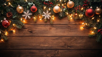 Festive Christmas Garland with Lights and Ornaments on Wooden Background