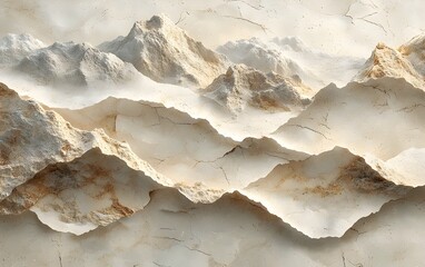 A stunning 3D textured representation of rocky mountains, showcasing intricate layers with soft beige and cream tones, creating a serene and natural atmosphere.