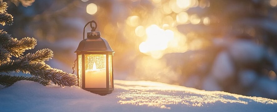 A softly glowing lantern sits in a snow-covered landscape, casting warm, radiant light on the surrounding snow, perfect for seasonal greeting cards, winter-themed home decor, art prints, or background