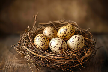 Obraz premium A close-up view of speckled eggs nestled in a natural twig nest resting on a rustic wooden surface. Generative AI