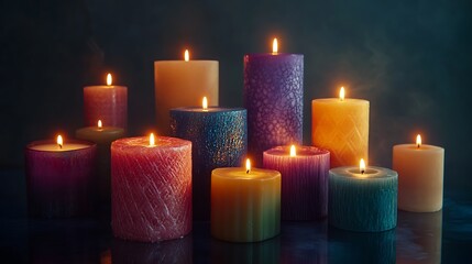 Ten candles with different colored waxes and textures, burning brightly, reflected on a dark surface.