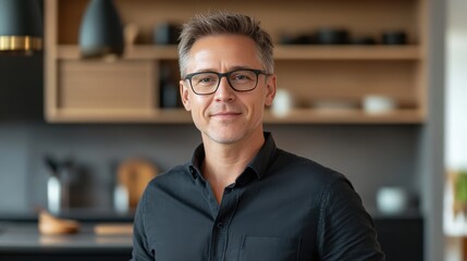Obraz premium Confident Middle-Aged Man in Modern Kitchen Setting