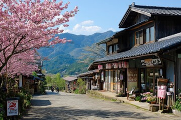 Cherry blossoms blooming near traditional japanese shops and mountain scenery