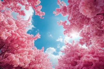 Fototapeta premium Blooming cherry blossom trees framing blue sky and sun on beautiful spring day