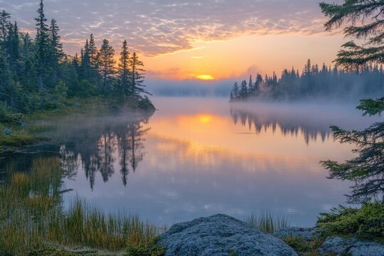 Sunrise illuminating misty lake with pine trees and reflections