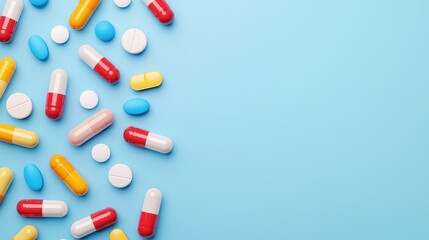 Colorful assortment of various types of medication and pharmaceutical pills displayed on a light blue background, emphasizing health, wellness, and prevention in a vibrant stock photo setting.