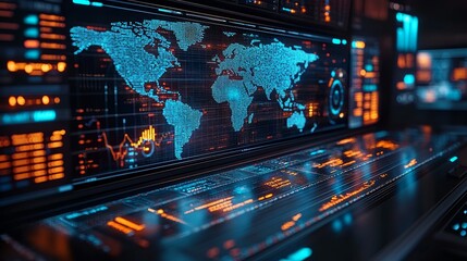 A high-tech digital interface displaying a world map and data analytics, with vibrant blue and orange graphics and futuristic elements.