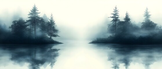 Fototapeta premium A serene landscape depicting a misty lake surrounded by tall evergreen trees, creating an ethereal atmosphere of tranquility and calmness in muted blue tones.