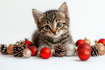 Cute tabby kitten relaxing with christmas ornaments and pine cones