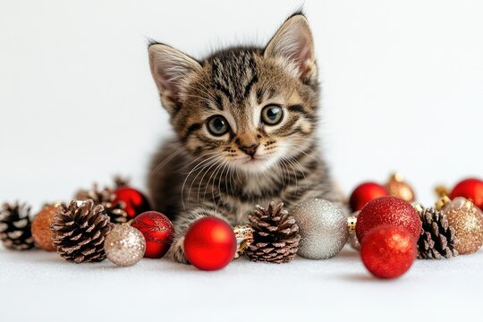 Cute tabby kitten relaxing with christmas ornaments and pine cones - Powered by Adobe