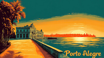 Porto Alegre, Brazil, retro french vintage art nouveau travel poster art. City name in text, bold art nouveau font. Background, banner, wallpaper