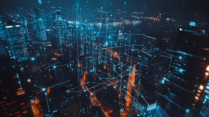 Obraz premium mart digital Innovation city Business skyscrapers in the Financial District with connection network reciprocity over the cityscape. of future smart wireless digital city and social media networking