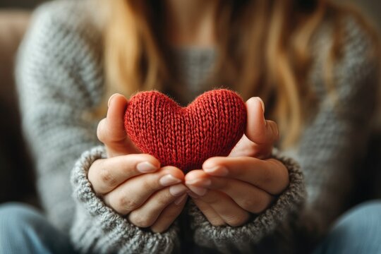 Woman holding a red knitted heart in her hands
