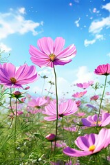 Obraz premium Field of pink cosmos flowers with deep blue sky, capturing essence of peaceful summer day. Blossoms dance in wind, offering natural beauty. Great for floral prints, garden inspiration, seasonal decor.