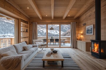 Cozy wooden chalet interior with burning fireplace overlooking snowy mountain view