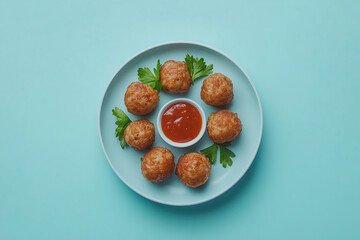 Delicious golden-brown savory snacks arranged creatively on a turquoise plate with tangy sauce in the center. Generative AI