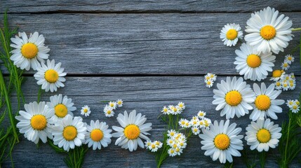 Fototapeta premium Daisy and chamomile blooms on a rustic wooden surface