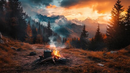 Fototapeta premium Cooking over a campfire in the mountains with a cauldron during camping season