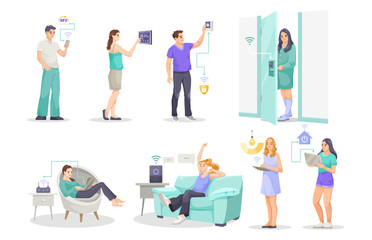 Various individuals using smart home technology in a cozy setting. Vector illustration