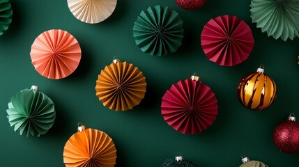 Naklejka premium Colorful paper Christmas baubles with glitter accents, scattered on a dark green background