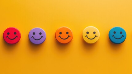 Colorful paper smiley faces symbolizing positivity motivation and mental well being fostering good moods and optimism for a bright start to the day against a vibrant yellow backdrop