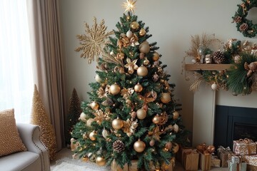 Christmas tree decorated with golden ornaments lights up festive living room
