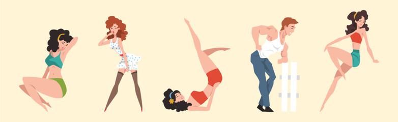 Seductive Pin Up Girls in Sexy Clothing Posing Vector Set