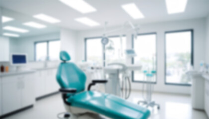 Obraz premium Blurred dental clinic background. Defocused interior of modern dental office. 