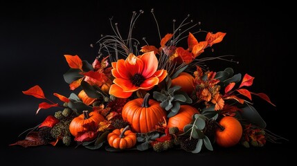 Contemporary table arrangement for autumn celebrations with pumpkins and seasonal foliage