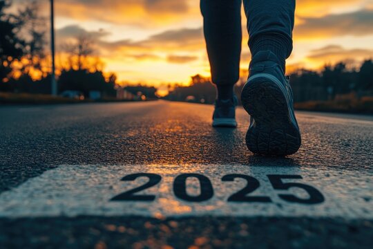 Sportsman walking on road towards 2025 at sunset
