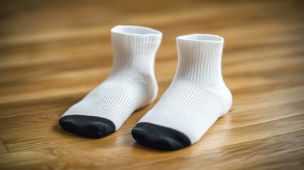 Close up of a pair of white socks featuring black toes on a wooden floor A straightforward representation of clothing and apparel