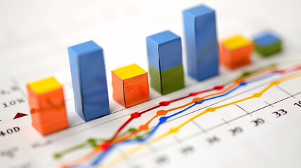 Close-up of a colorful bar and line graph with data points, representing business analysis, growth trends, and statistical data visualization