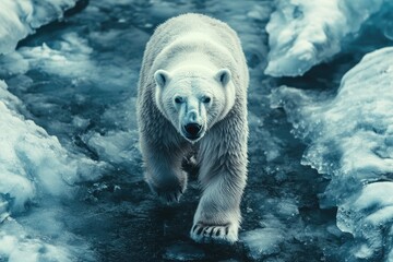 Polar bear walking on melting ice in the arctic ocean