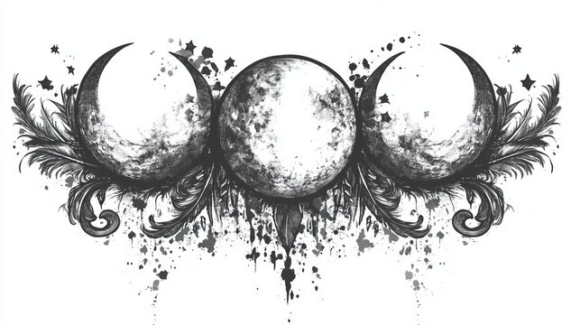 Mystical Triple Moon Phase Illustration With Feathers and Stars