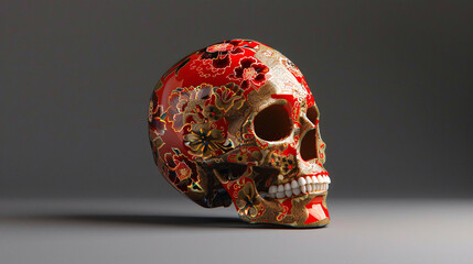 A stylized skull adorned with intricate floral patterns in red and gold, set against a minimalist gray background, creating a striking artistic effect