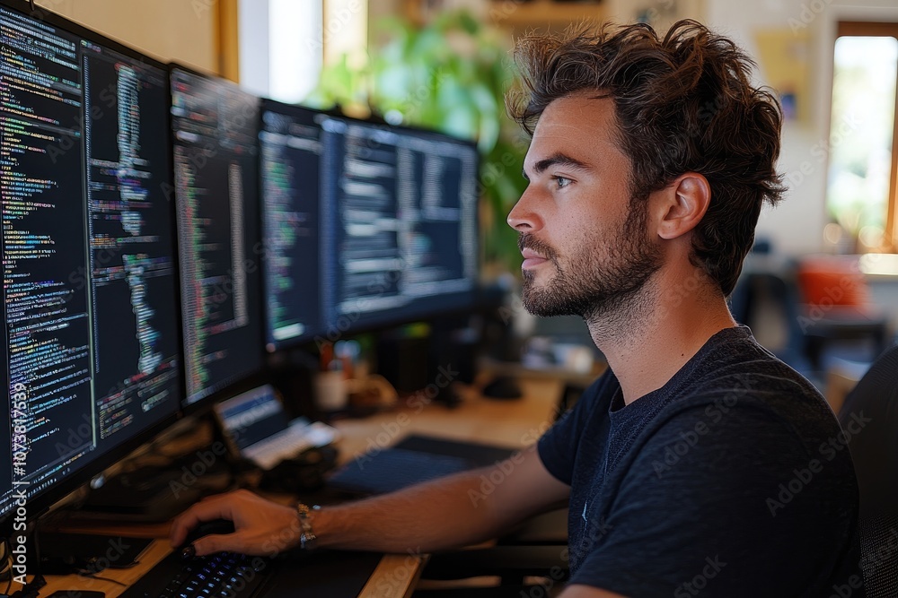 Leinwandbilder Focused software developer working on code on multiple monitors in office