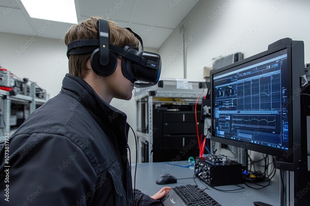 Aufkleber Engineer wearing virtual reality headset working with graphs in control room
