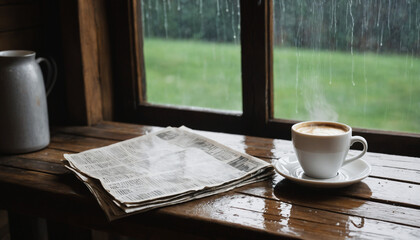 Cozy Coffee Cup on Rustic Table by Rain-Streaked Window with Serene Rainy Day Atmosphere