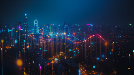 Fototapeta premium mart digital Innovation city Business skyscrapers in the Financial District with connection network reciprocity over the cityscape. of future smart wireless digital city and social media networking