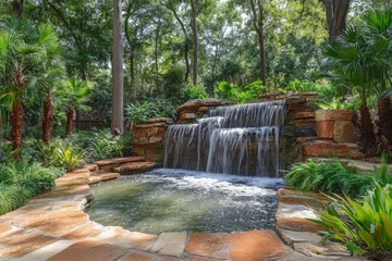 Gordijnen Cascading waterfall enhancing lush garden landscape design © Lubos Chlubny